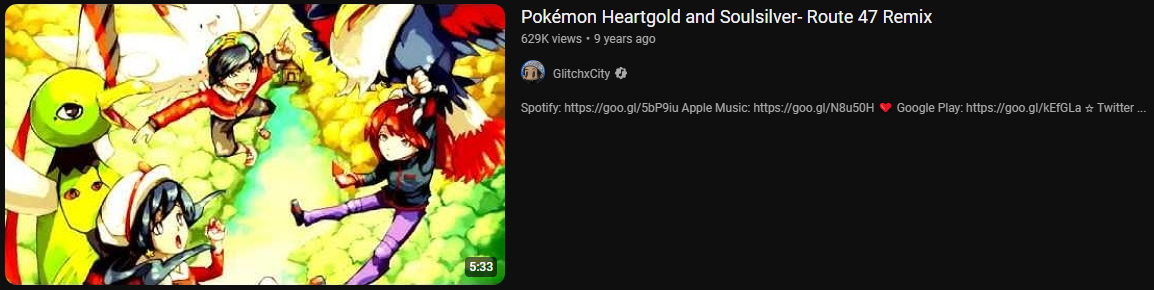 a screenshot of a youtube thumbnail and title for glitchxcity's remix of the route 47 theme from pokemon hgss