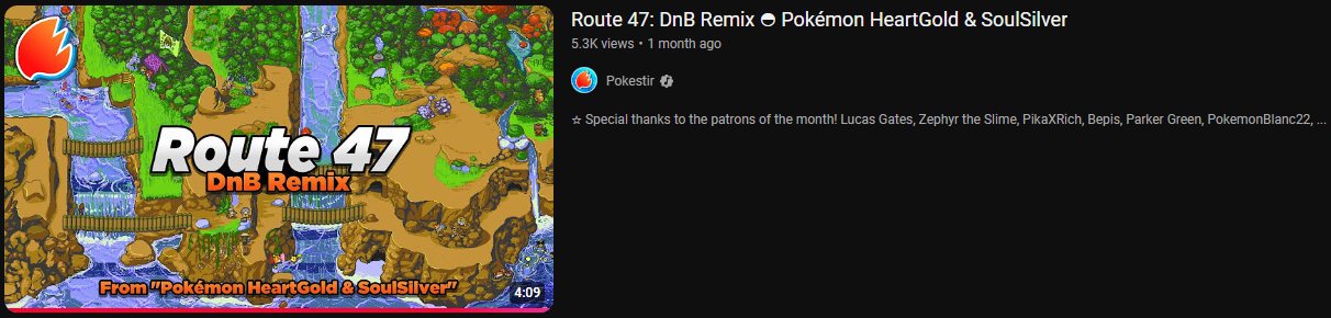 a screenshot of a youtube thumbnail and title for pokestir's remix of the route 47 theme from pokemon hgss