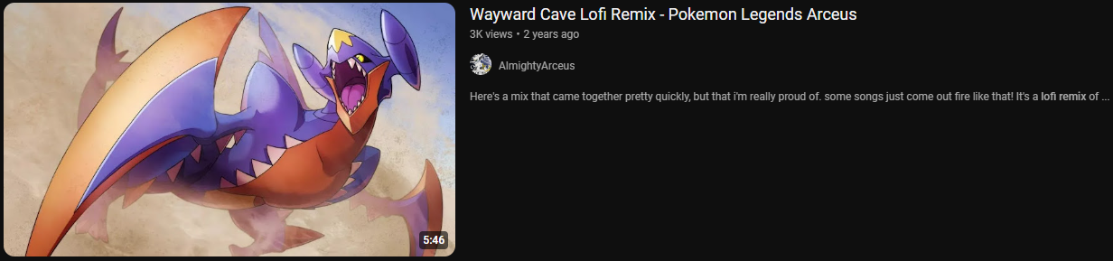 a screenshot of a youtube thumbnail and title for almightyarceus' remix of the wayward cave theme from pokemon legends arceus