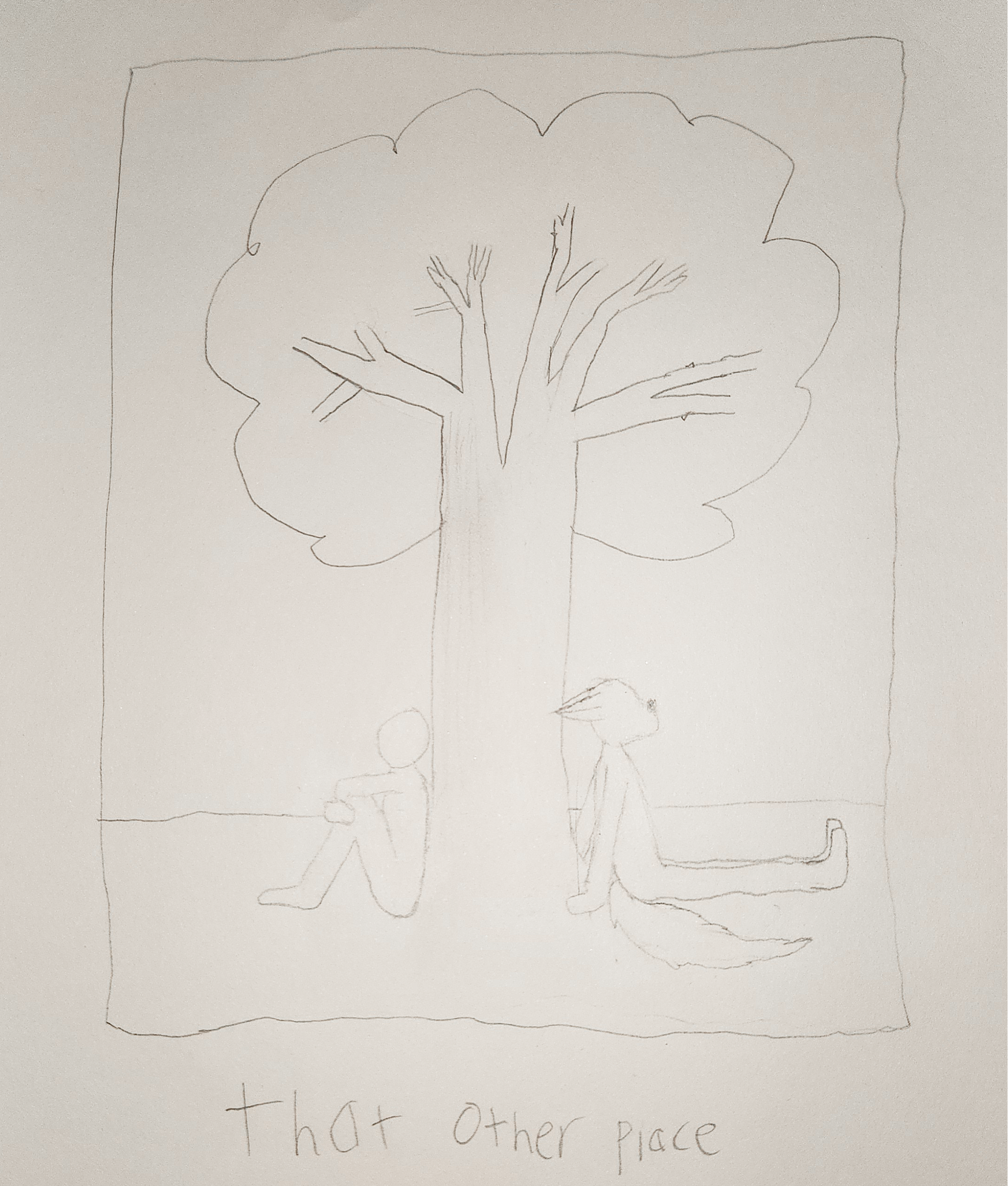 cover art for that other world. it displays a tree, with a nondescript person sitting to the left of it and an anthropomorphic animal of some kind sitting to the right